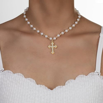 Pearl Necklace 14K Gold Plated Cross Pendant Inlaid with Diamonds Charm Jewelry Gift - style: 14K Gold Pearl+Cross
