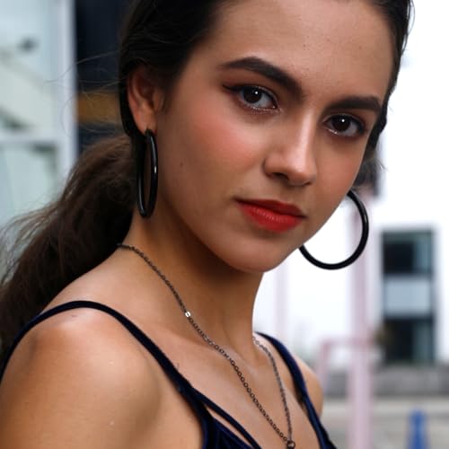 FindChic Hoop Earrings for Women, Silver/Black/14K Gold Plated Hypoallergenic Hollow Round Tube Loop Earrings, 20mm/30mm/40mm/60mm/80mm Chunky Hoops with Custom Name Options & Gift Box - color: a.Black, size: 60MM