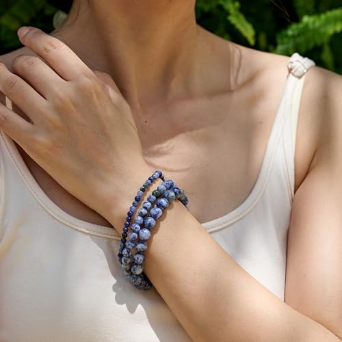 Bivei 6mm Beaded Bracelets for Women Handmade Semi Precious Natural Stone Stretch Elastic Jewelry Yoga Protection Gifts - color: Blue Spotted Jasper-Calm Flow, size: Medium 6.8-7.3 inch