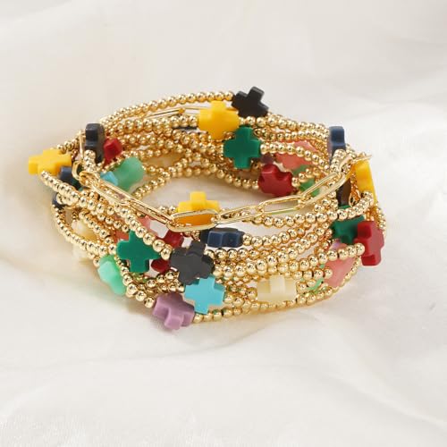 Colorful Stackable Rice Small Mini Seed Beaded Bracelets Set For Women, Handmade Dainty Boho Gold Glass Stretch Accessories Jewelry,Summer Beach Party Daily Friendship Gift - color: 11Pcs Cross