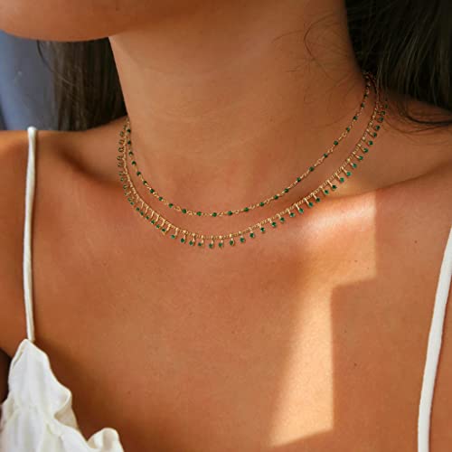 MTMY Beaded Necklaces for Women 14K Gold Plated Dainty Colorful Green/Rose Beaded Pearl Choker Necklace Delicate Boho Choker Necklace Jewelry Gift - style: Crystal-green