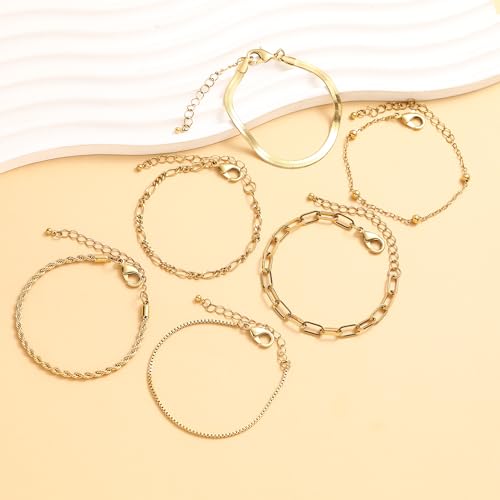 Wgoud Waterproof Gold Bracelets for Women Trendy, Dainty 14K Real Gold Plated Fashion Stackable Bracelet Sets for Women Thin Cuban Link Paperclip Chain Bracelets Layered Gold Jewelry Sets Gifts for Womens - color: 6Pcs Gold Bracelet
