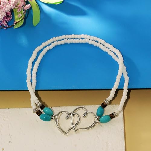 Elastic Beaded Ankle Bracelets for Women Double Heart Layered Stretch Ankle Bracelets Waterproof Dainty Boho Beaded Anklets for Summer Beach Foot Jewelry - color: White Silver