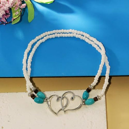 Elastic Beaded Ankle Bracelets for Women Double Heart Layered Stretch Ankle Bracelets Waterproof Dainty Boho Beaded Anklets for Summer Beach Foot Jewelry - color: White Silver