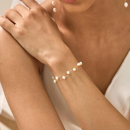 Pearl Bracelets for Women Dainty Gold Pearl Stretch Stackable Bracelet Bridesmaid Wedding Jewelry Gifts Prom Wedding Guest Dress - color: P:2Layered Pearl Bracelet