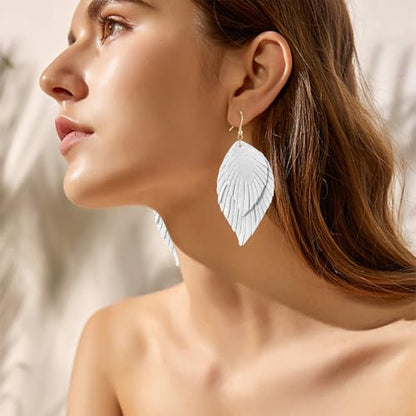 Genuine Leather Handmade Fringe Feather Lightweight Dangle Drop Earrings Teardrop Tassel Hook Earrings for Women - style: 1 White