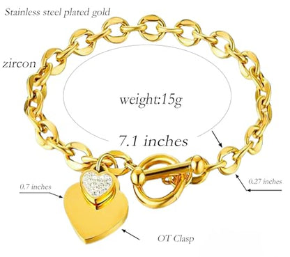 Heart Charm Bracelet Plated 18K Gold/Silver/Rose Gold Bible Scripture Heart Bracelet for Women Jewelry Gift Zircon Her Link Chain OT Clasp Stainless Steel Birthday - color: Gold-Zircon, size: 7.1 inch