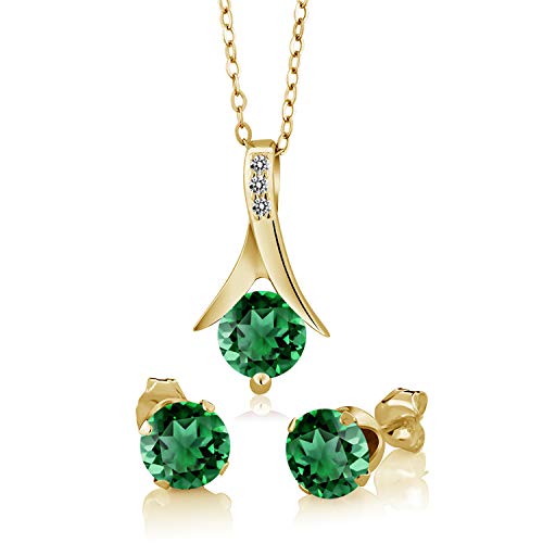 Gem Stone King 18K Yellow Gold Plated Silver Simulated Emerald and White Diamond Pendant Earrings Jewelry Set For Women | 2.36 Cttw | With 18 Inch Chain | Fine Jewelry Gifts for Women Mom Wife Her