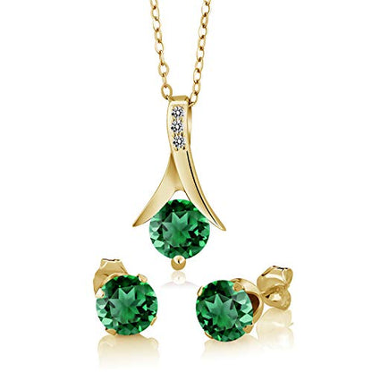 Gem Stone King 18K Yellow Gold Plated Silver Simulated Emerald and White Diamond Pendant Earrings Jewelry Set For Women | 2.36 Cttw | With 18 Inch Chain | Fine Jewelry Gifts for Women Mom Wife Her