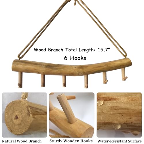 15.7-Inch Rustic Wood Wall Hanging Jewelry Organizer - Handmade Natural Wood Logs Branch Decor with 6 Hooks for Necklace, Earring, Bracelet Storage - Farmhouse, Cabin, Bathroom Home Décor