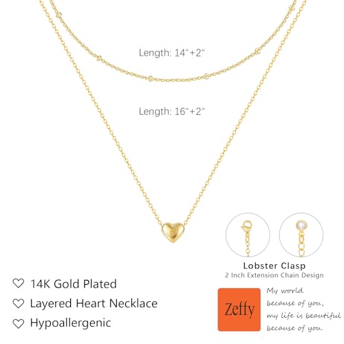 Zeffy Dainty Gold Heart Necklace for Women Trendy 14K Gold/Silver Plate Cute Heart Pendant Choker Necklaces Gold Love Heart Chain Necklace for Women Dainty Gold Jewelry Gifts for Women - style: Layered Heart Necklaces-Gold