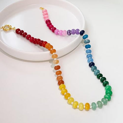 HAXIYA Colorful Beades Gemstone Necklace for Women Boho Beaded Choker | Rainbow Natural Stone Chunky Bead Surfer Summer Beach Necklaces Jewelry Hypoallergenic - color: Rainbow