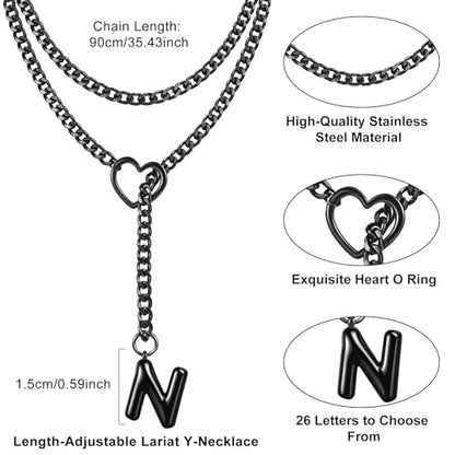 Black Heart Slip Chain Initial Necklaces for Women, Stainless Steel Wrap Choker Necklace, Gothic O-Ring Adjustable Lariat Y Necklaces, Punk Cuban Collar Choker Necklace, Halloween Jewelry Gift - color: Black N