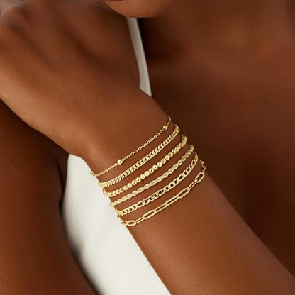 M MOOHAM Gold Bracelets Set for Women No Tarnish | 14K Gold Plated, Dainty Stackable Bracelets Stack for Women, Herringbone Paperclip Rope Cuban Chain Bracelet Set Stack - color: 4.Rope Beaded Set