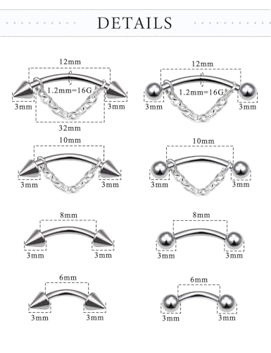 Vertical Labret Lip Jewelry Chain Eyebrow Piercing Jewelry Surgical Steel Curved Barbell Tiny Eyebrow Ring Ear Rook Navel Small Belly Button Ring for Women Men 16g 6mm/8mm/10mm/12mm