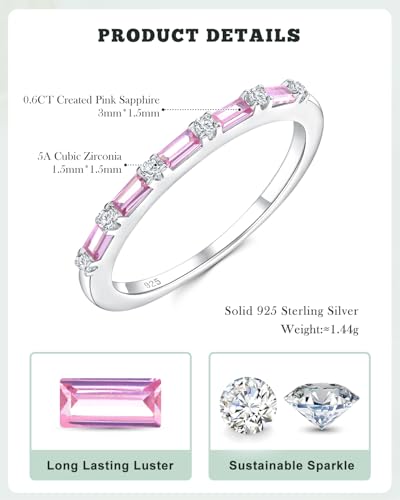 925 Sterling Silver 1.5mm Thin Baguette Stackable Rings for Women | Created Ruby/Sapphire/Emerald/Cubic Zirconia,Dainty Wedding Band Birthday Anniversary Jewelry(with Gift Box) - color: 06-Created Pink Sapphire & CZ
