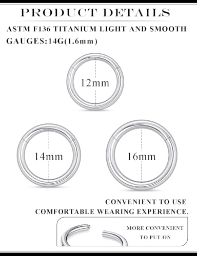 20G 18G 16G 14G Nose Rings Hoops Astm F136 Titanium Clicker Septum Jewelry Lip Ring Tragus Helix Daith Rook Conch Snug Cartilage Lobe Earrings Hoop Piercing Jewelry For Women Men Silver - size: 14G-12MM-14MM-16MM