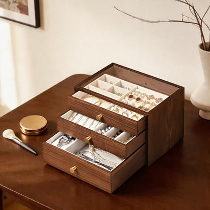 Black Walnut Wooden Jewelry Box for Women, 3 Layer Solid Wood Organizer with Glass Lid and Drawer, Large Storage for Necklace Ring Earrings Watch Bracelet, Birthday Gift for Mom Girls