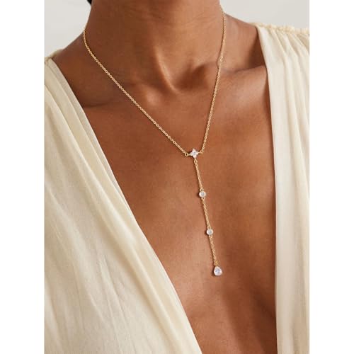 14K Gold Plated Layered Lariat Necklace for Women - Waterproof Non-Tarnish Dainty Gold Chain Necklace, Long Boho Statement Jewelry for Wedding, Prom, Summer Vacation Gifts - color: Four CZ Y Necklace-Gold