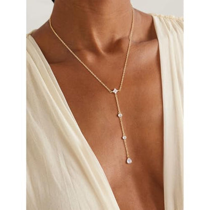 14K Gold Plated Layered Lariat Necklace for Women - Waterproof Non-Tarnish Dainty Gold Chain Necklace, Long Boho Statement Jewelry for Wedding, Prom, Summer Vacation Gifts - color: Four CZ Y Necklace-Gold