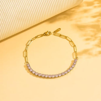 18K Gold Plated Tennis Bracelets for Women, Adjustable Cubic Zirconia Bracelet with Multi-color 4mm CZ Diamond Paperclip Chain, Dainty Trendy Birthday Bridal Jewelry Gifts for Women Daily Party Wear - color: Pink