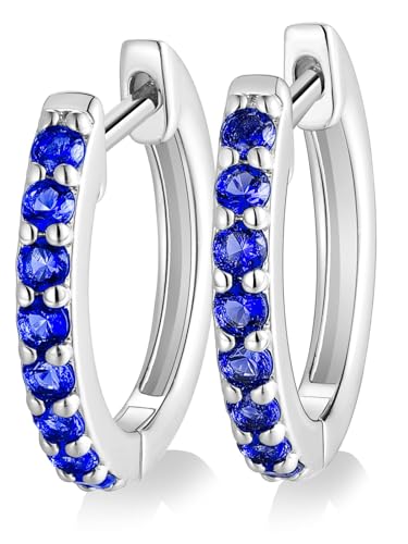 Chunky Emerald Sapphire Ruby Hoop Earrings, Princess or Round Cut, 14k Yellow Gold Plated Sterling Silver Cubic Zirconia Huggie Earings Minimalist Hoops Earrings for Women Wedding Daily Birthday - style: Round cut -Sapphire -Silver