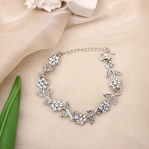 Flower Leaf Crystal Pendant Necklace Dangle Earrings Link Bracelet Bride Bridesmaid Jewelry Sets for Women Wedding Party - color: White-Platinum Plated