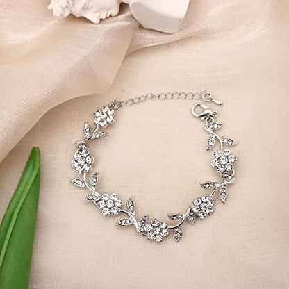 Flower Leaf Crystal Pendant Necklace Dangle Earrings Link Bracelet Bride Bridesmaid Jewelry Sets for Women Wedding Party - color: White-Platinum Plated