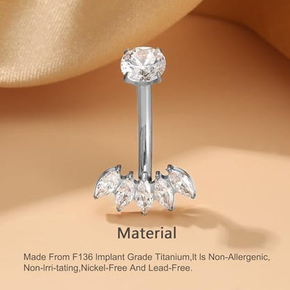 Gold Belly Button Ring, Titanium Dangle Floating Navel Piercing Jewelry - color: Silver-Leaf-10mm