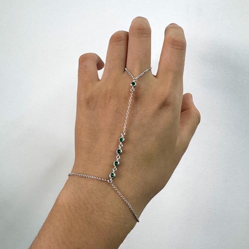 Kakikaki 925 Sterling Silver Finger Ring Bracelet Hand Chain for Women | Slave Bracelets 7" to 9" Adjustable - color: Silver, style: 5 Emerald