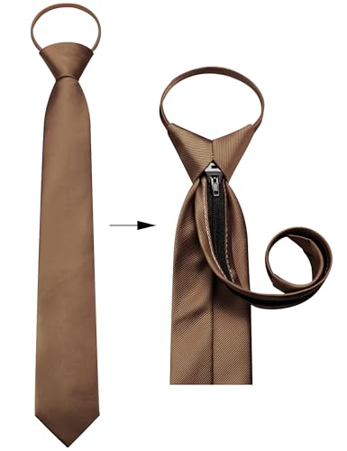 GUSLESON 3.15"（8cm） Mens Pre-tied Adjustable Zipper Tie Solid Necktie for Business and Wedding - color: Brown