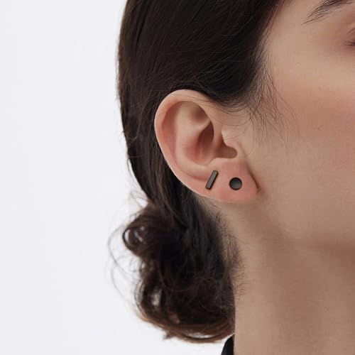 JIAYIQI Minimalist 925 Sterling Silver Stud Earrings Set, 14K Gold Plated Hypoallergenic Tiny Bar Dot Heart Star Studs for Women & Men - style: Black-Bar-1Pair
