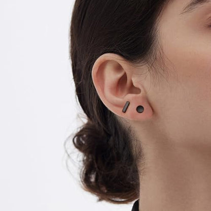 JIAYIQI Minimalist 925 Sterling Silver Stud Earrings Set, 14K Gold Plated Hypoallergenic Tiny Bar Dot Heart Star Studs for Women & Men - style: Black-Bar-1Pair