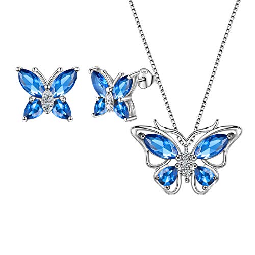 Aurora Tears Butterfly Jewelry,Women 925 Sterling Silver Butterflies Birthstone Pendant Necklace/Earrings/Rings Wedding Gift - color: I.September-set 1
