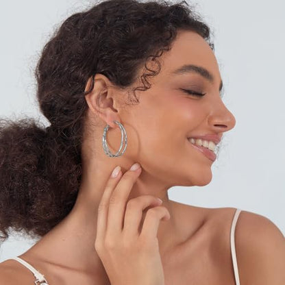 Diamond-Cut Double Hoop Earrings for Women 14k Gold Plated 925 Sterling Silver Posts Lightweight Hypoallergenic Split Hoop Earrings Trendy Jewelry Gifts for Women - color: SILVER
