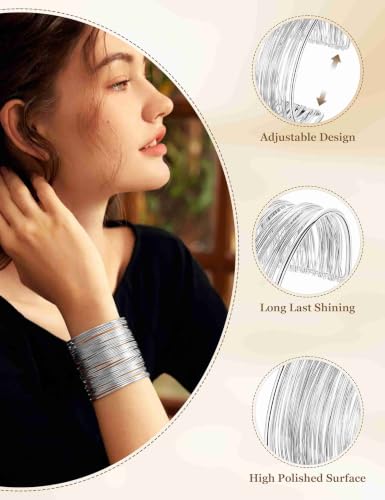 2 Pcs Gold Cuff Bangle Bracelet Set for Women Irregular Minimalist Statement Bangle Bracelets Wide Open Chunky Wire Bracelets Wrist Cuff Adjustable Hammered Bracelet - color: Silver D