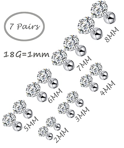 7 Pairs 18G 20G Stainless Steel Stud Earrings Round Cubic Zirconia Barbell Earring Set For Men Women 2MM-8MM Silver Tone - style: F:7 Pairs,Ball Backs,18G