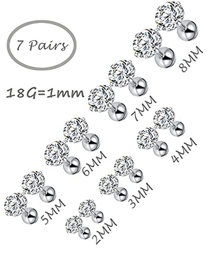 7 Pairs 18G 20G Stainless Steel Stud Earrings Round Cubic Zirconia Barbell Earring Set For Men Women 2MM-8MM Silver Tone - style: F:7 Pairs,Ball Backs,18G