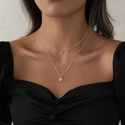 Gold Necklace For Women, Layered 14K Real Gold Plated Necklaces For Women,Dainty Gold Paperclip Chain Tear Circle CZ Pendant Necklace Stack,Trendy Gold Jewelry Set Gifts - style: Layered Diamond CZ Sun Pendant-Gold