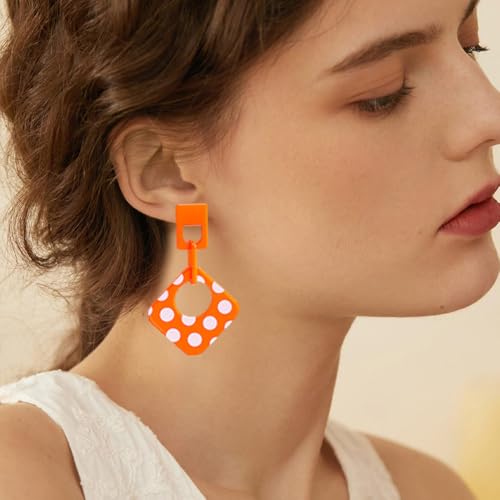 Handmade Lightweight Retro Polka Dot Square Hollow Round Dangle Drop Earrings Unique Chic Resin Geometric Stud Earrings For Women - style: Orange Chain