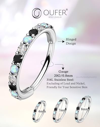 OUFER Opal and CZ 20G Nose Rings Hoops, 316L Surgical Steel Hinged Segment Nose Piercing Jewelry, Septum Lip Eyebrow Rings Cartilage Conch Rook Helix Tragus Daith Earrings For Women and Men-6/7/8MM - color: Black CZ