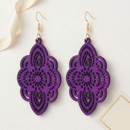 Boho Black Filigree Dangle Earrings for Women, Lightweight Hollow Lace Drop, Wood, 3.34" x 1.69", Bohemian Jewelry - color: Purple