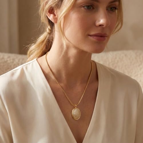 Sonateomber Gold Stone Pendant Necklace for Women, Chunky Statement Dainty Heart Oval Natural Gemstone Dangle Necklaces Wedding Prom Accessories Fashion Jewelry Gift - color: White