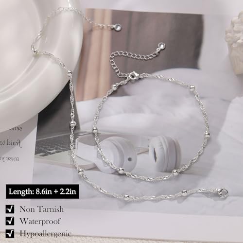 Gold Silver Ankle Bracelets for Women Waterproof 14K Gold Plated Anklets for Women Non Tarnish Dainty Layered Beaded Heart Anklet Set Summer Beach Foot Chain Jewelry Gifts Trendy Stuff - color: D- Ankle Bracelets- Silver