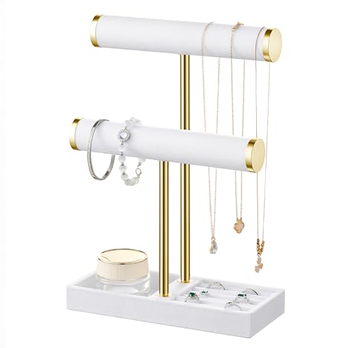bussdis 2 Tier Bracelet Holder Display, Necklace Holder Organizer, White | Velvet Necklace Holder | Jewelry Tree | Jewelry Towers | Jewelry Stand Organizer for Necklaces, Bracelets, Earrings, Rings - color: White
