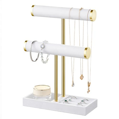 bussdis 2 Tier Bracelet Holder Display, Necklace Holder Organizer, White | Velvet Necklace Holder | Jewelry Tree | Jewelry Towers | Jewelry Stand Organizer for Necklaces, Bracelets, Earrings, Rings - color: White