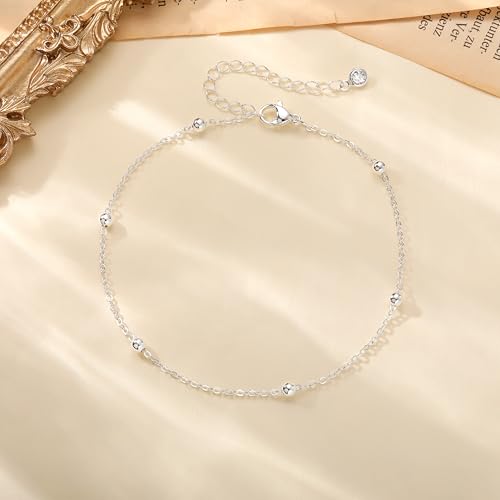 Moodear Ankle Bracelets for Women 14K Silver Plated Layered Chain Anklets | Waterproof Non Tarnish Adjustable Double Layer Anklet with Satellite Bead Chain Design for Summer Beach Jewelry Gift - color: silver-6