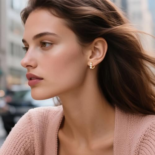 Cubic Zirconia Hoop Earrings for Women Small Huggie Hoops, 12MM - color: 14K Gold
