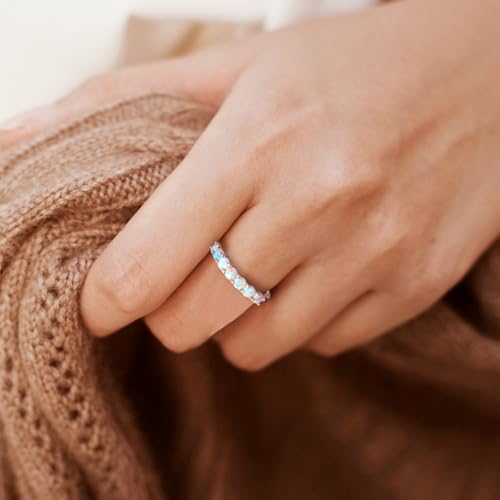 3.5mm Stackable Rings S925 Sterling Silver Created Birthstone & Cubic Zirconia Ring for Women Wedding Bands Anniversary Birthday Jewelry Size 6 to 10(with Box) - color: 10-Created Opal-Oct