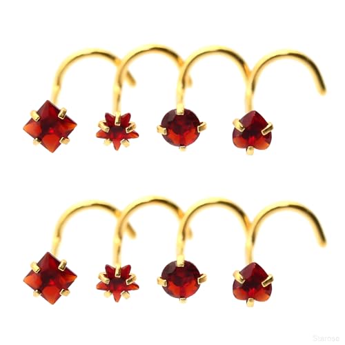 8 Pcs-Pack, Crystal Nose Studs, 20G Stainless Steel, 3mm Zircon, Multiple Shapes Zircon Labret Nose Piercing Ear Jewelry - color: Red